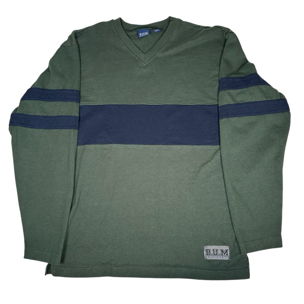 Vtg Y2k 90s BUM Equipment Green Blue Striped‎ Long Sleeve Shirt MED 100% Cotton